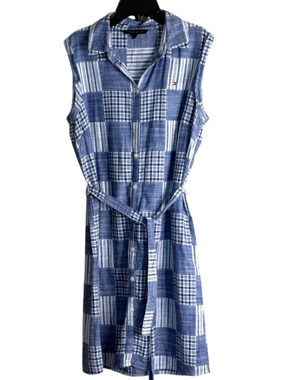 Tommy Hilfiger Women's Patchwork Vutton Front Sleeveless Dress Blue Belt Size 6